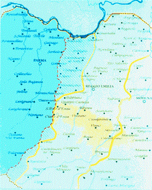 Il tratteggio indica i confini provinciali attuali. Come si può vedere una parte del territorio reggiano (righe trasversali) apparteneva alla contea e diocesi di Parma.