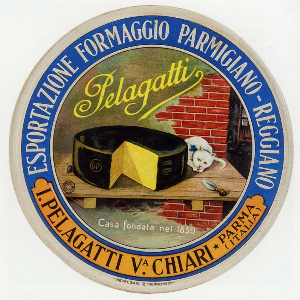 Osvaldo Ballerio, Esportazione formaggio Parmigiano-Reggiano Pelagatti, tondo chiudi cesta in metallo litografato per esportazione forme, Metalgraf, Milano, 1920 ca. (Soragna, Museo del Parmigiano Reggiano)