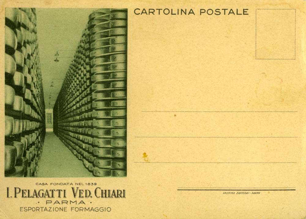 Cartolina commerciale della Ditta Pelagatti, litografia, Parma, Anonima Zafferri, 1930 ca. (Soragna, Museo del Parmigiano Reggiano)